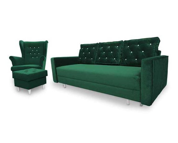 Zestaw mebli sofa nowoczesna i fotel uszak z podnóżkiem