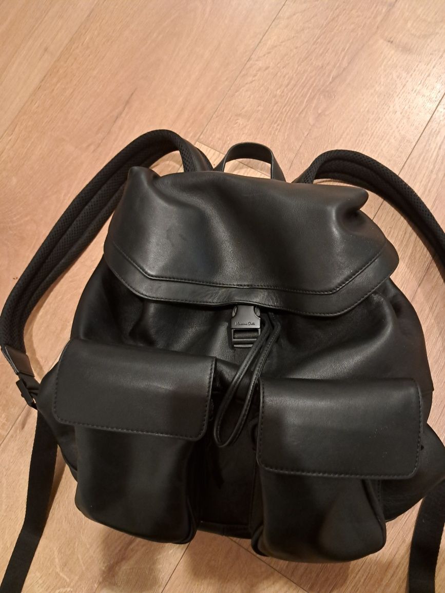 Duży plecak massimo dutti skóra czarny unisex kieszen na laptopa  wzmo