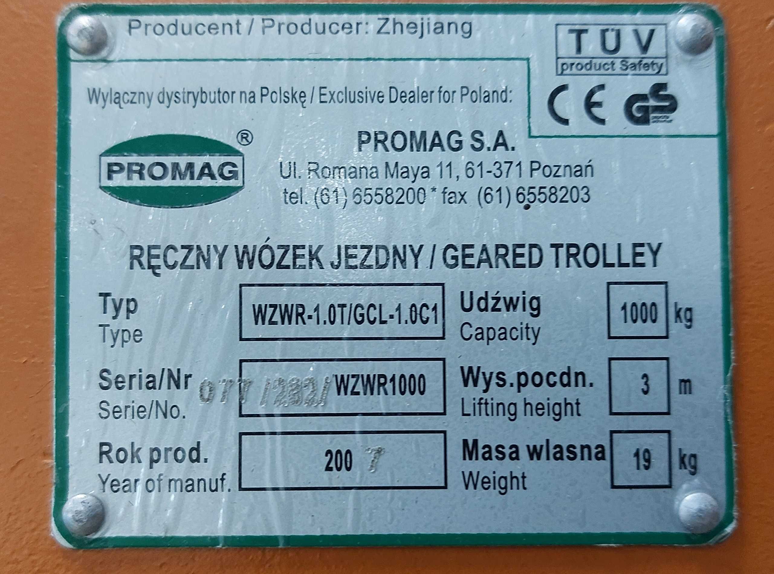 Wciągarka bramowa suwnica oryginalna firmy HAK 1500kg jak nowa