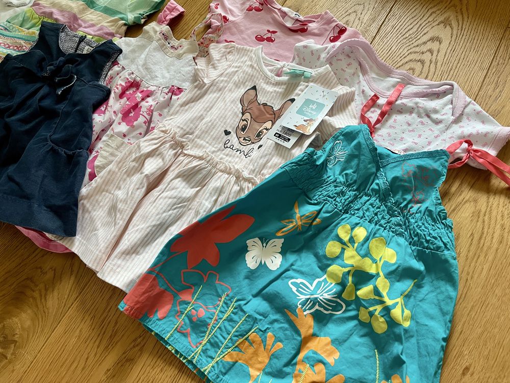 Zestaw dla dziewczynki 80 na lato sukienki body legginsy paka 12m