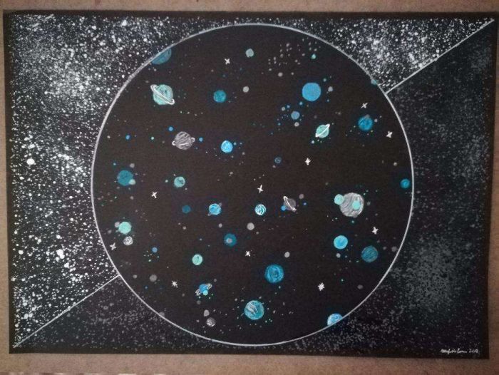 Ilustração original desenho pintura planetas estrelas universo galáxia