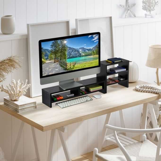 Stojak na monitor z półkami CZARNY Relaxdays