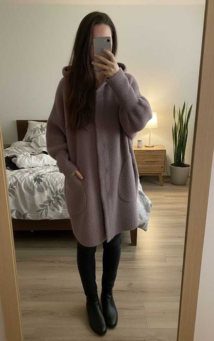 Damski sweter kardigan lawendowy z kapturem XL