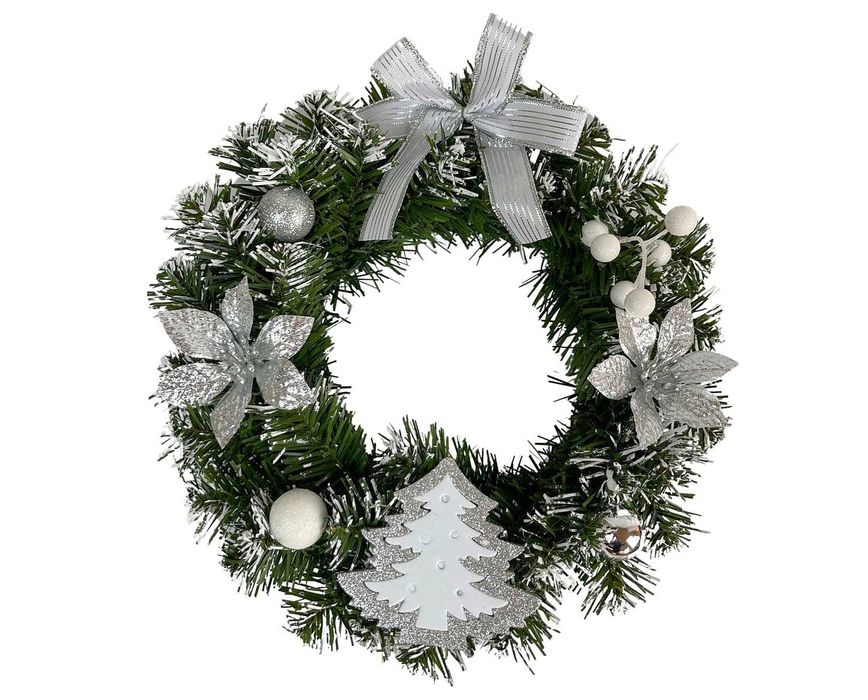 Wieniec świąteczny ze srebrnymi ozdobami 30cm girlanda