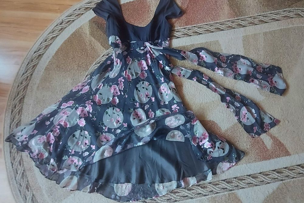 Sukienka M/L,jedwab i acetate,vintage,z szarfą