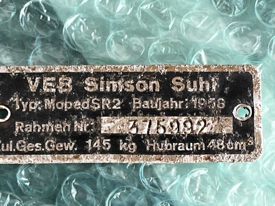 SIMSON SR2 - 1958 - rej. Na zabytek lub na czesci- całość.