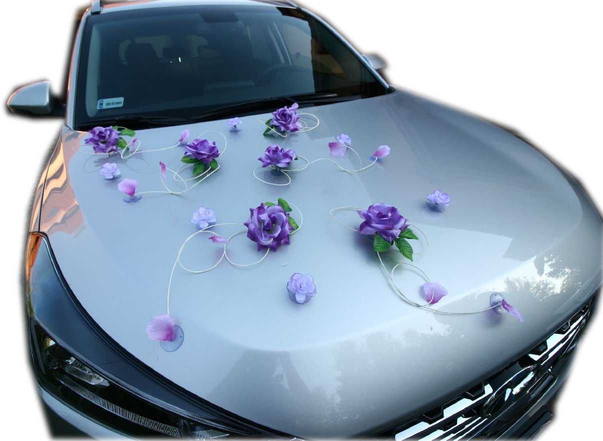 FIOLETOWA dekoracja na auto-samochód do ślubu.Ozdoba ślubna.STROIK 194