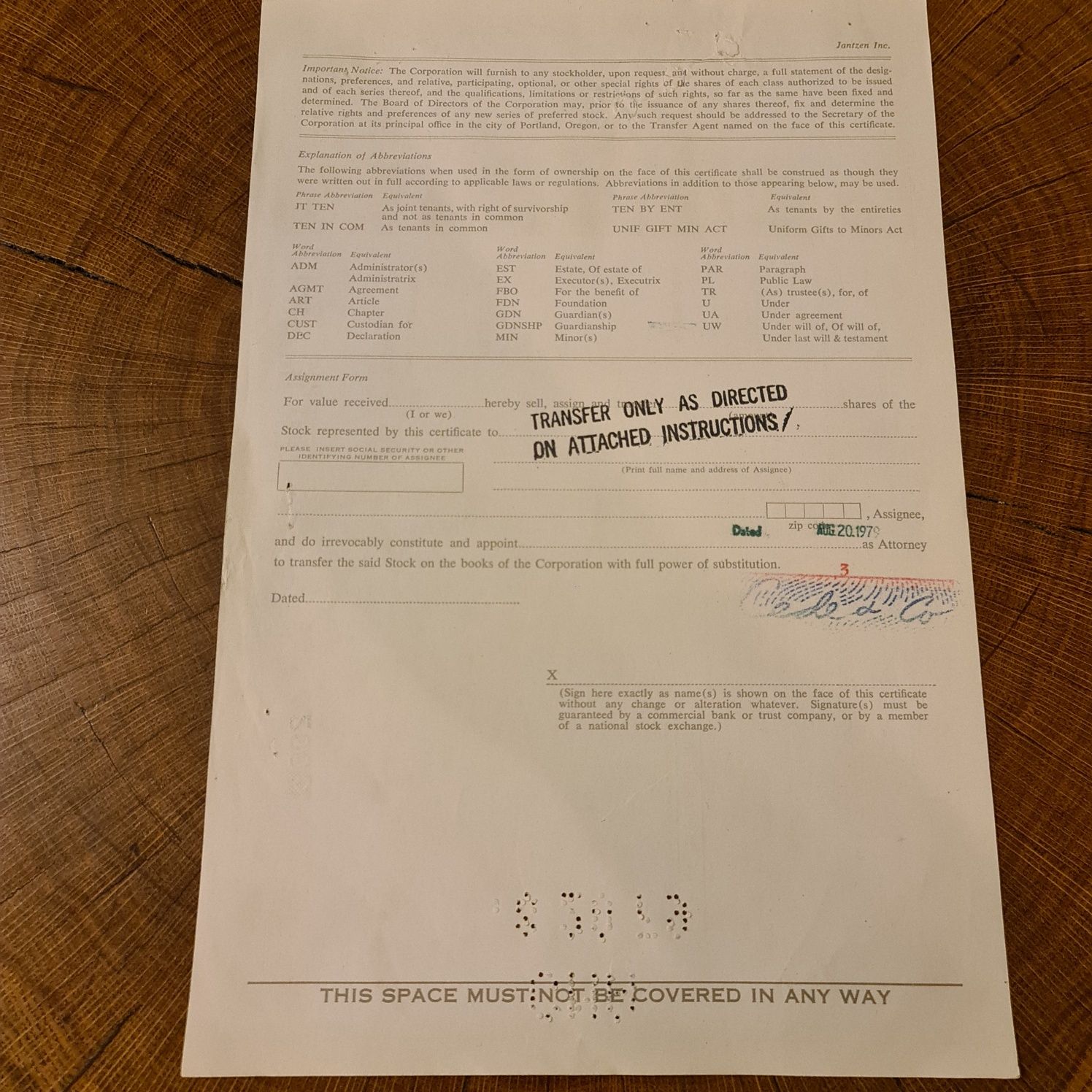 Akcja papierowa Jantzen inc. giełdowa kolekcjonerska