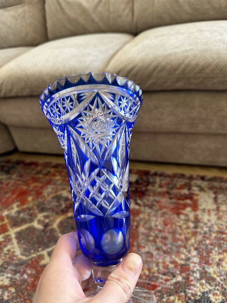 Kobaltowy wazon kobalt kryształowy 19,5cm dekoracja szklana 55