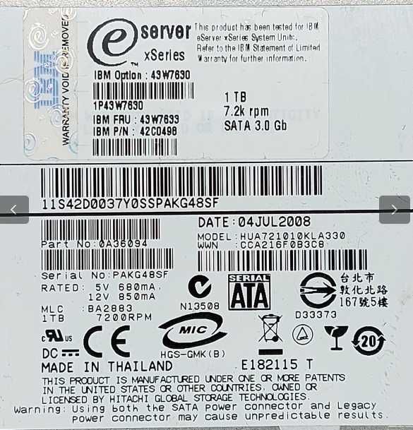 Disco Rígido IBM Hitachi Ultrastar HUA721010KLA330 1TB 7200 RPM HDD
