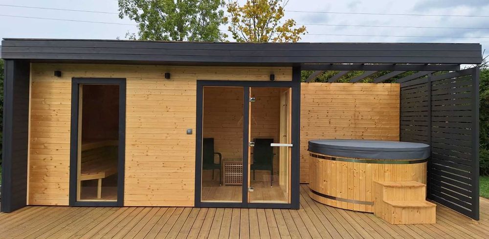 sauna ogrodowa z miejscem na balie, nowoczesne spa zewnętrzne premium