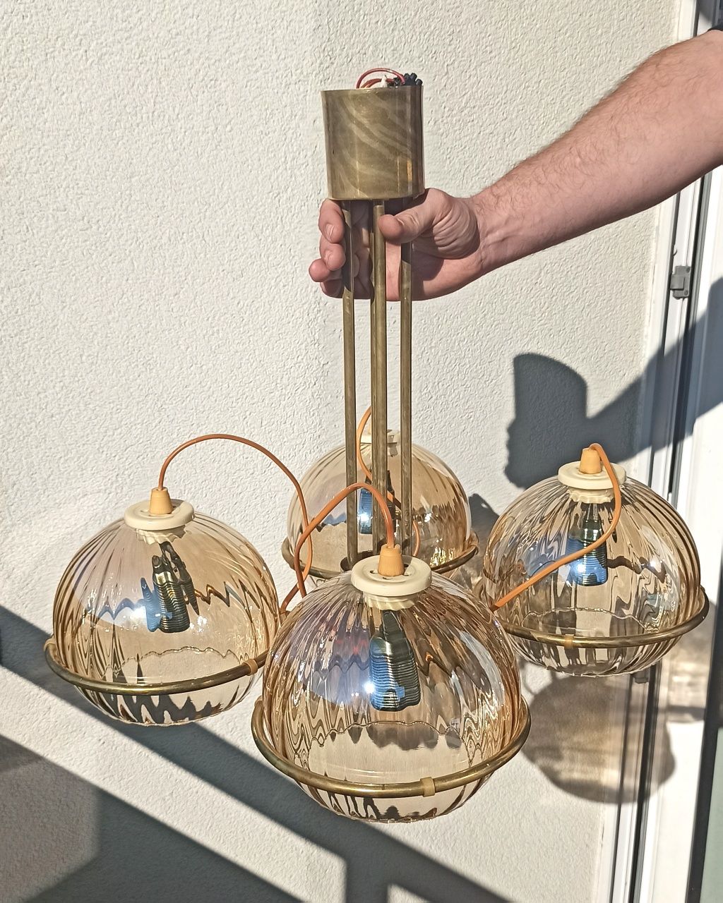 Żyrandol PRL lampa PRL ESI Nowa Huta mosiądz szkło lata 70 retro vinta
