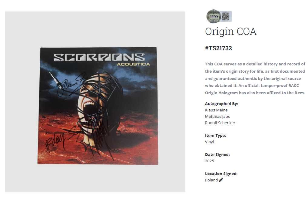 Scorpions Acoustica winyl płyta winylowa z autograf + certyfikat aute.