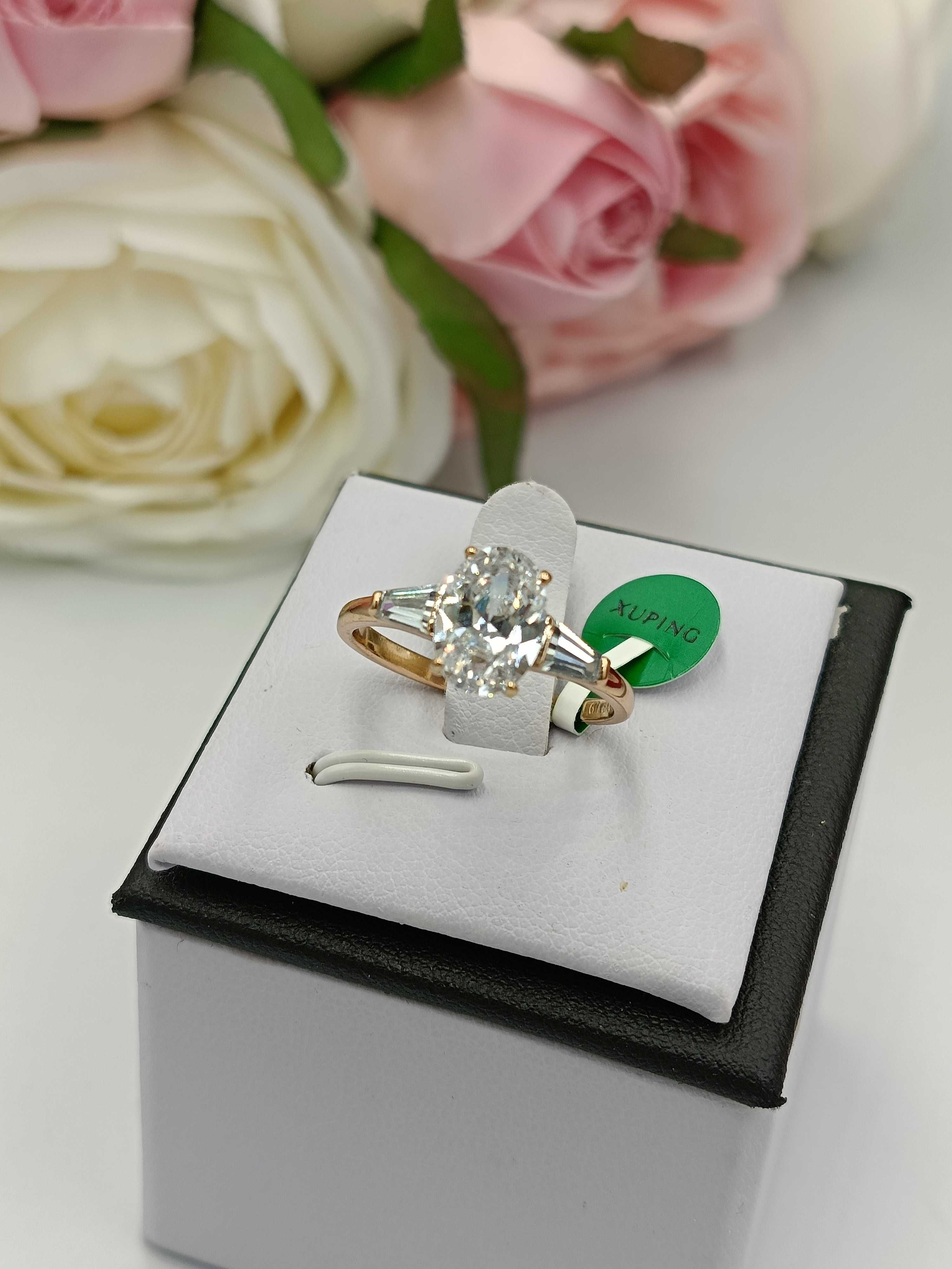 Pierścionek pozłacany 18k złotem duży brylant z diamentem 7,8,9,10
