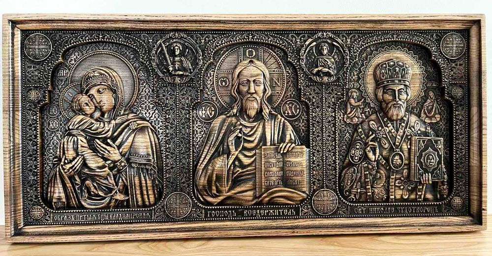 Ікона з дерева трійник Спаситель, Пр.Богородиця та Св.Микола 60х28 см