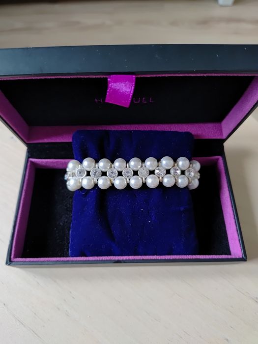 Podwójna bransoletka z pereł i cyrkoni ślubna balowa piękna elegancka