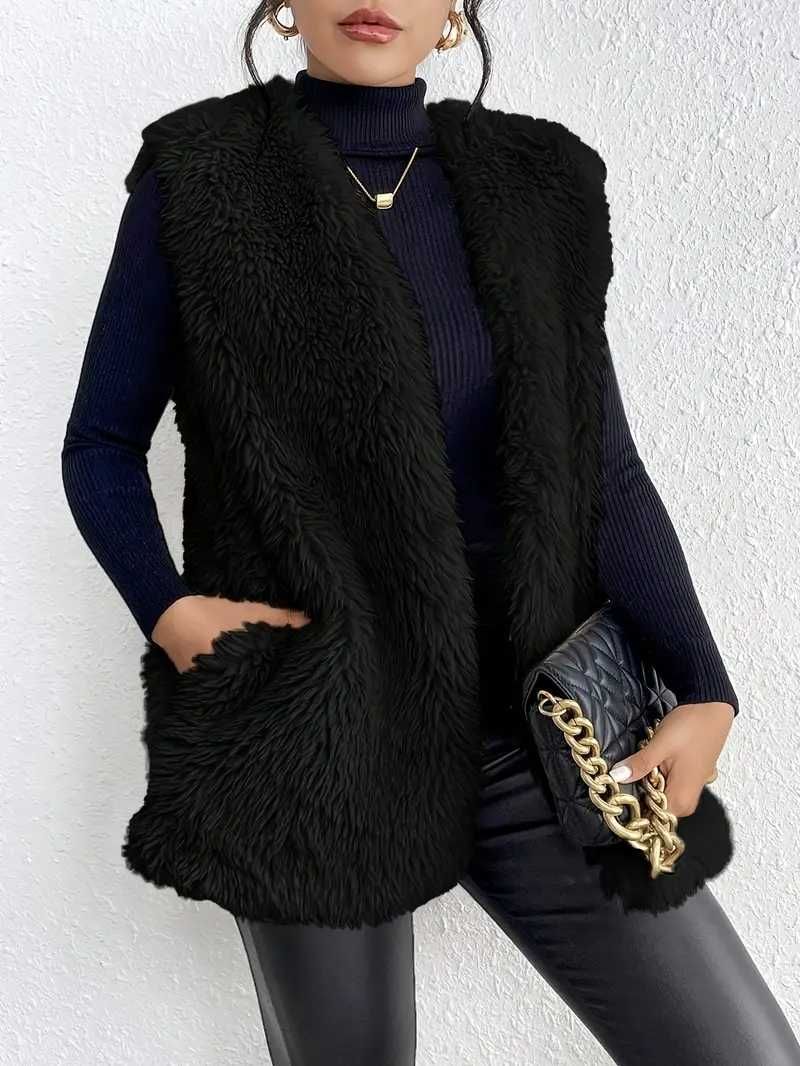 colete felpudo pelo preto, com bolsos