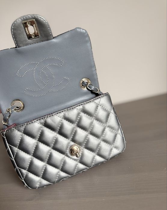Chanel Mini Square Flap Bag Torebka Metaliczna Szarość z łańcuszkiem