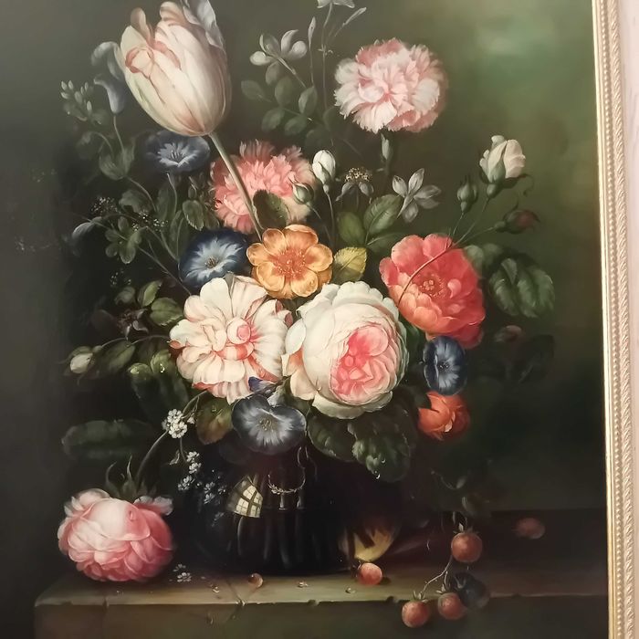 Quadro com pintura a óleo com natureza-morta de flores em esmalte
