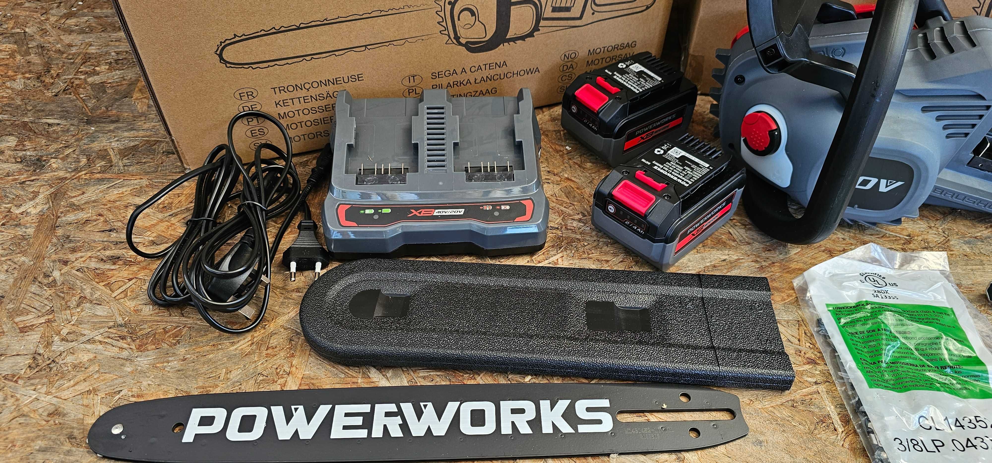Piła łańcuchowa akumulatorowa POWERWORKS 40V, 2x bateria, ładowarka