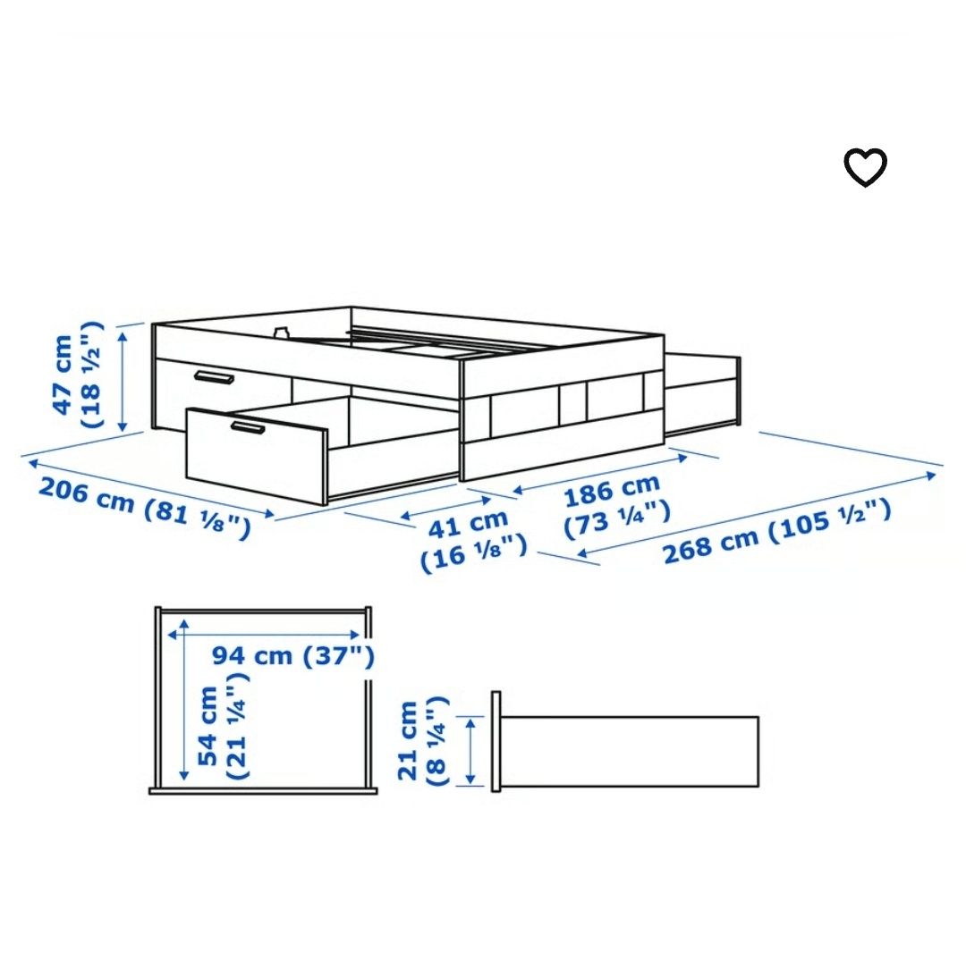 Ikea BRIMNES 180x200
Rama łóżka z szufladami, biały/Leirsund, 180x200