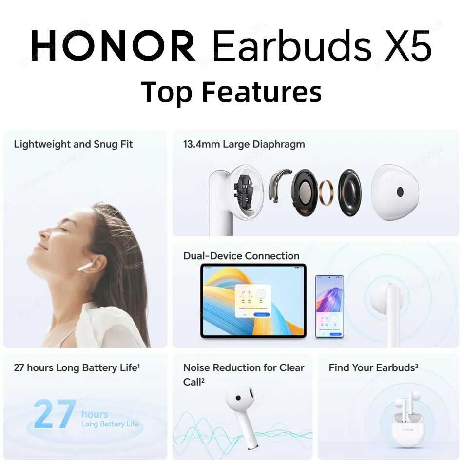 ⇒ Honor Earbuds X5 наушники вкладыши BT5.3, 13.4mm, Multipoint, 5/27ч.