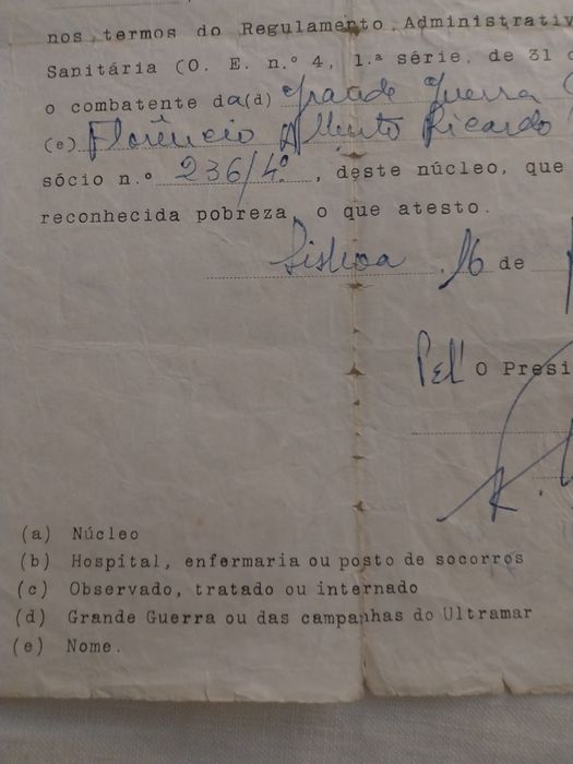 Liga dos combatentes -Guia atestado -combatente da Grande Guerra