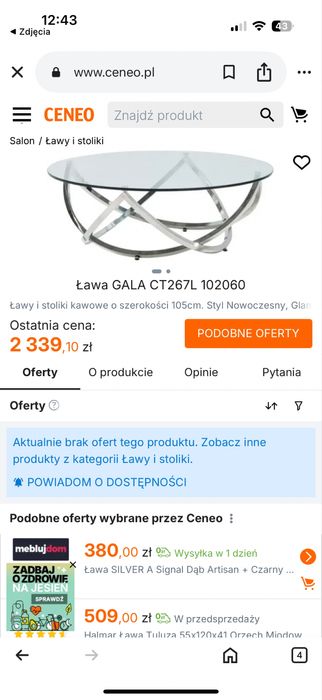 Stolik ława szklana GALA