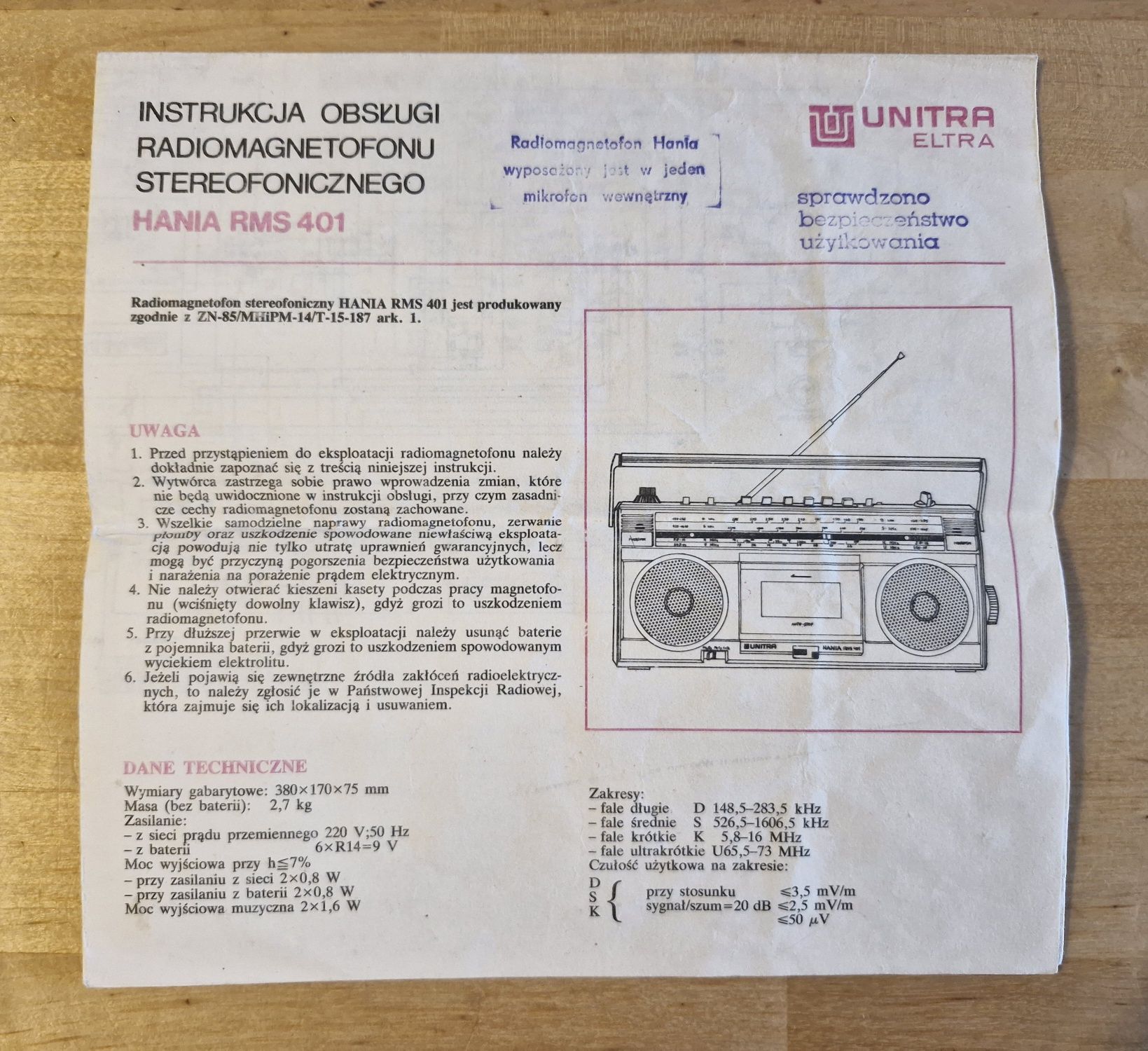 Radiomagnetofon Hania RMS 401 idealny