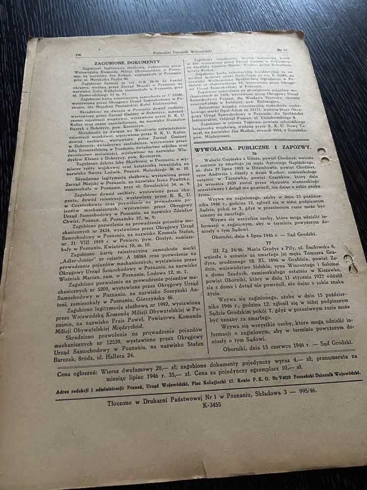 Stare gazety  oryginał  Poznański Dziennik Wojewódzki  z 1946 roku