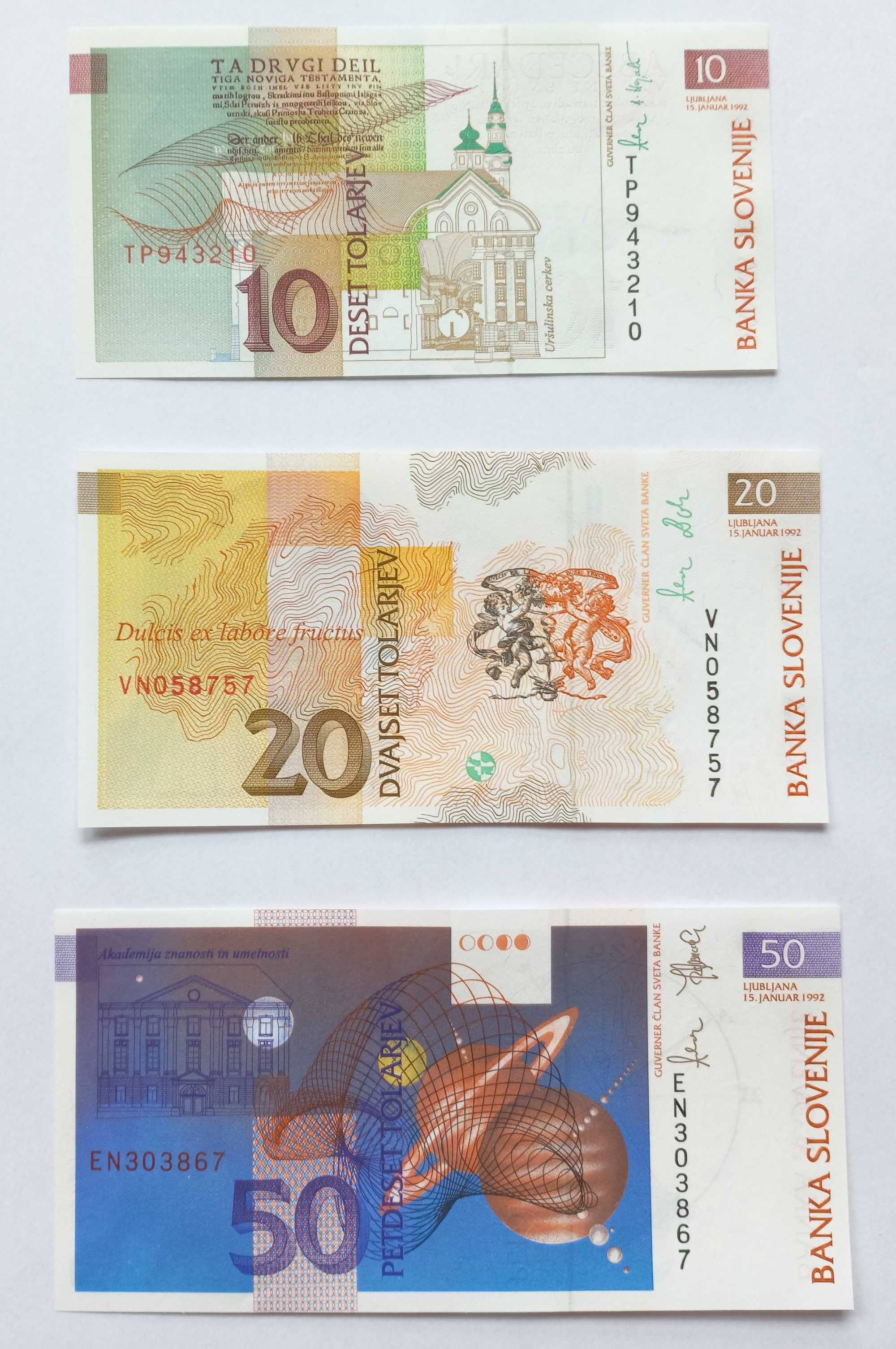 Banknoty Słowenia, 10,20,50,100,200 Tolarjev. UNC
