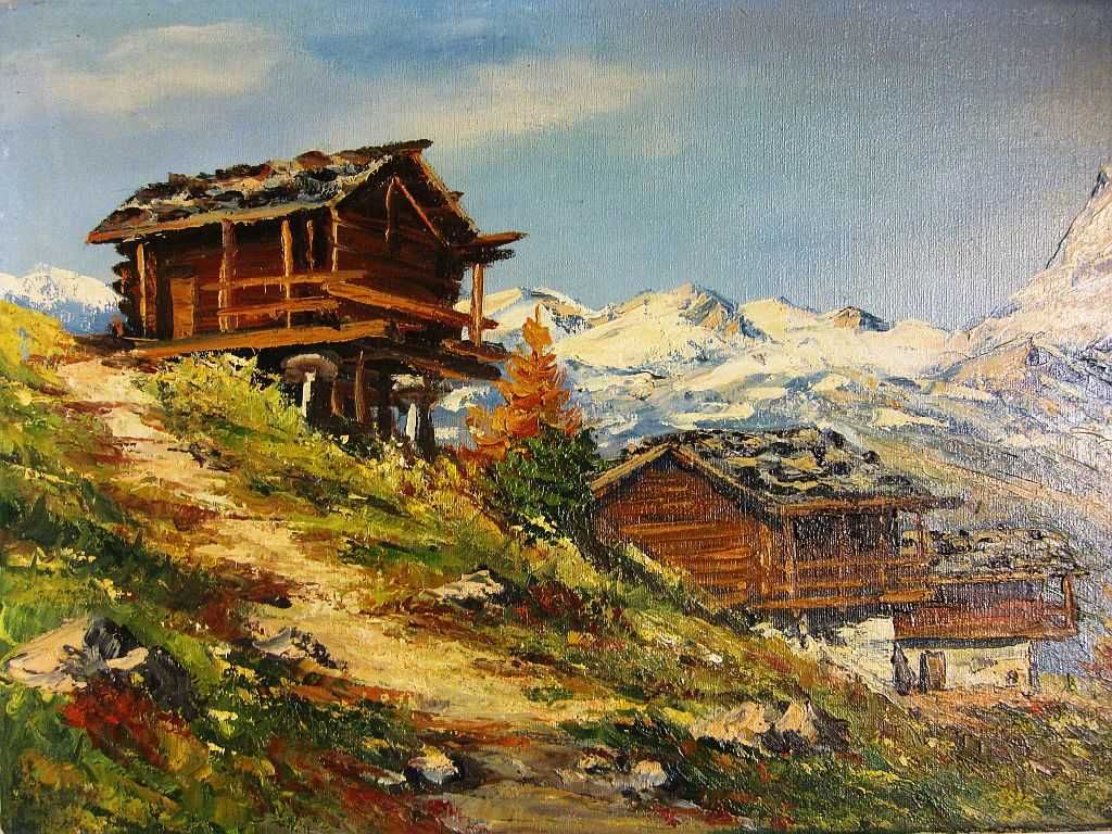 antiga pintura em óleo sobre tela-paisagem-Matterhorn-ass.: Baumgarten
