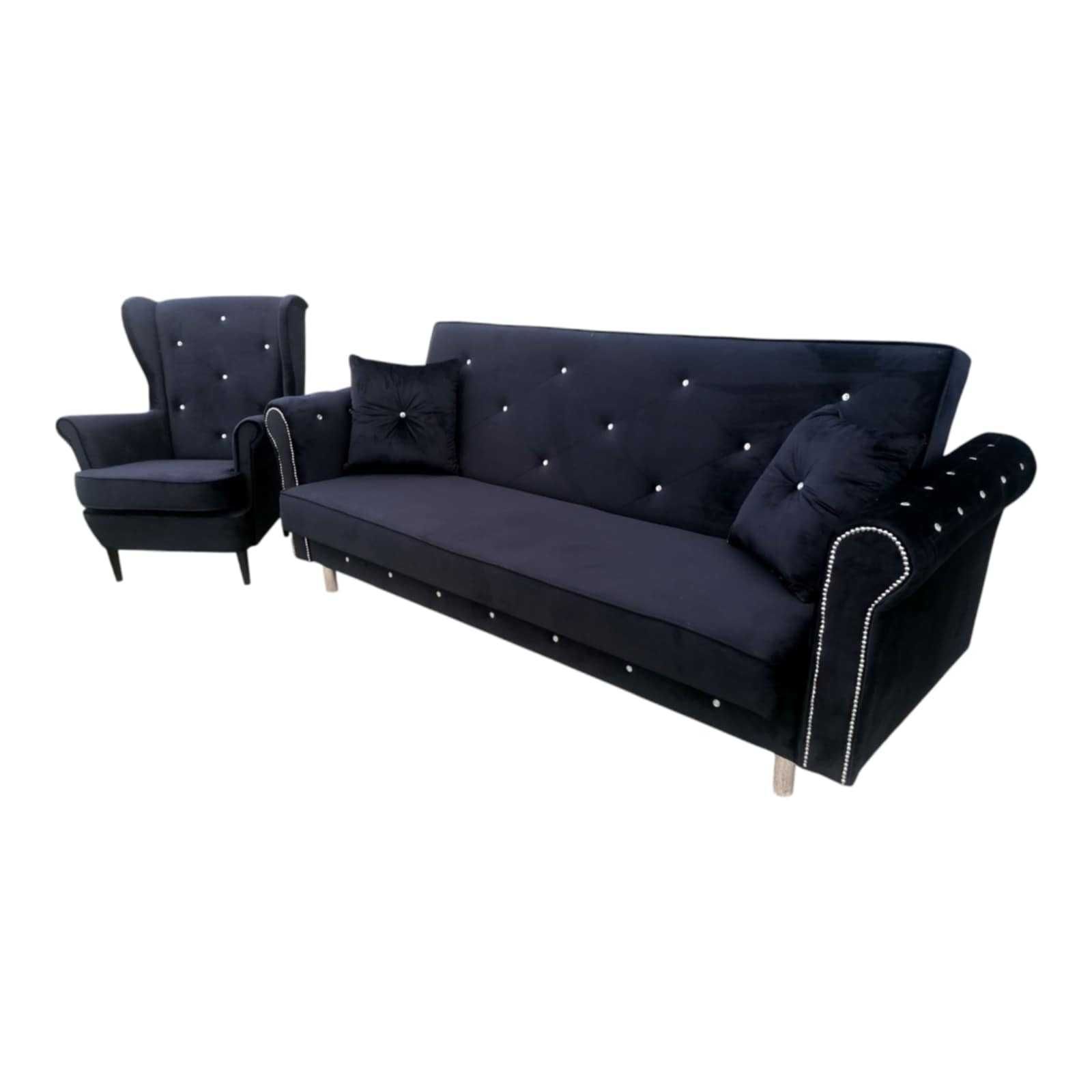Sofa Glamour Kanapa rozkładany do spania zestaw Fotel i pufa