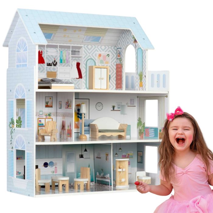 Duży niebieski drewniany domek dla lalek XXL + akcesoria
