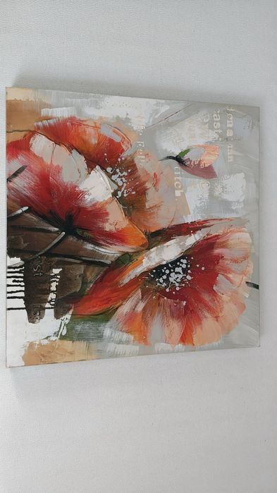 Obraz malowany na płótnie 60x60 cm, kwiaty, maki, kolor czerwono szary
