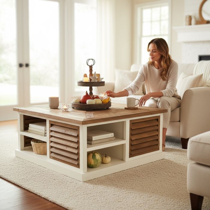 Duży stolik kawowy stare drewno biały shuttersy rustykalny