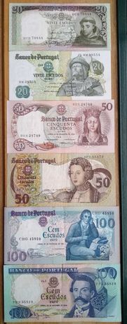 Notas de 100$00, 50$00 e 20$00 do Banco de Portugal