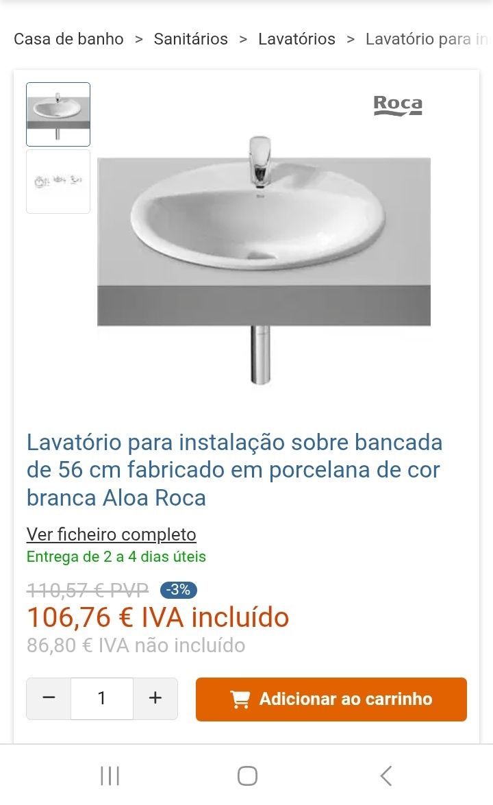 Lavatório Roca em porcelana