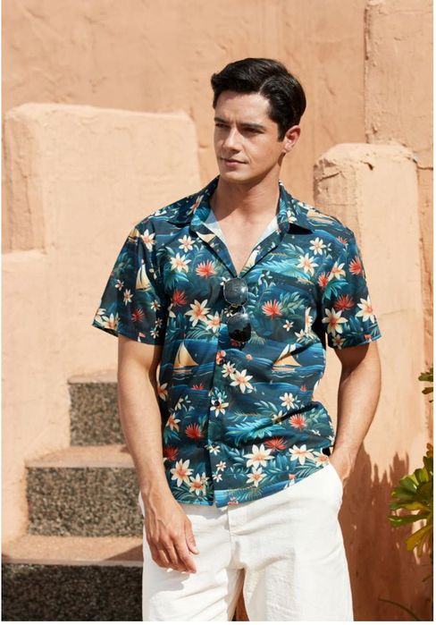 Męska koszula hawajska z krótkim rękawem,wzór żaglówki, rozm.S HISDERN