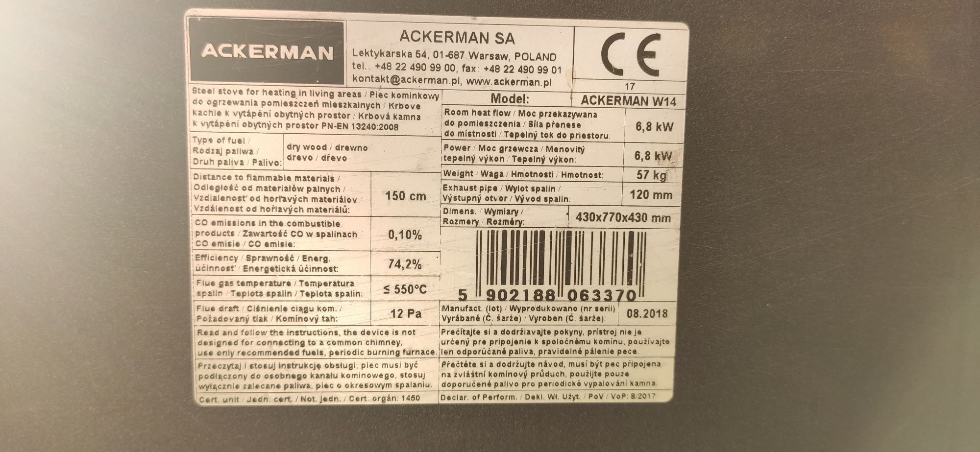 Piec kominkowy stalowy Ackerman W14 6.8kW