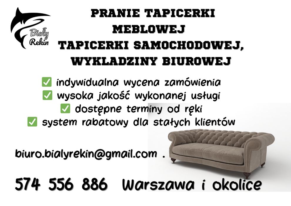 Pranie tapicerki meblowej, samochodowej, wykładziny biurowej