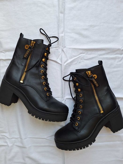GUESS Czarne Botki Sznurowane na Platformie, trapery, guess buty zima