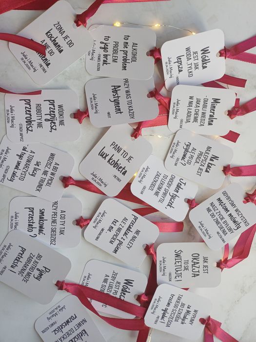 50 SZtuk Teksty RANCZO zawieszki na alkohol wódkę weselną urodzinową