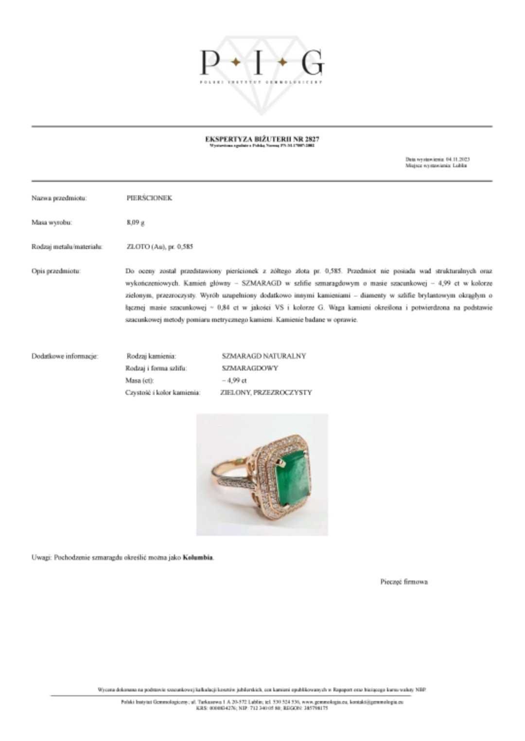 Pierścionek z naturalnym szmaragdem 5.00 ct i diamentami 0.84 ct