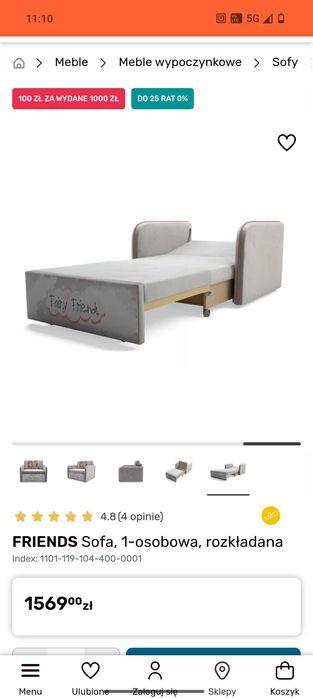 Sofa jednoosobowa rozkładana, stan jak nowy