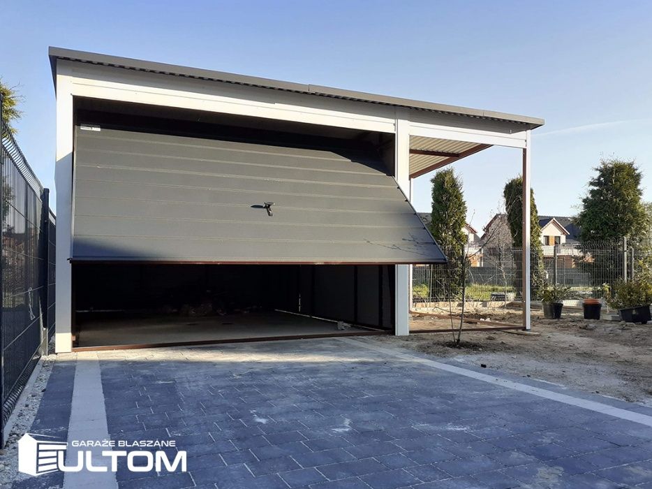 Garaż blaszany z wiatą drewnopodobny GRATIS szeroki poziomy panel