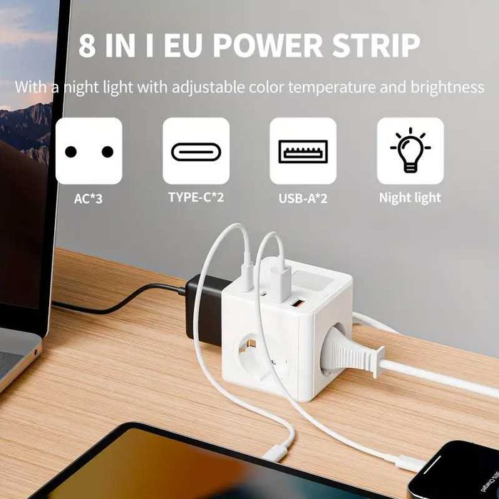Подовжувач-куб мережевий 8-в-1 з 4 USB PD LED-лампа 3 розетки 2500W