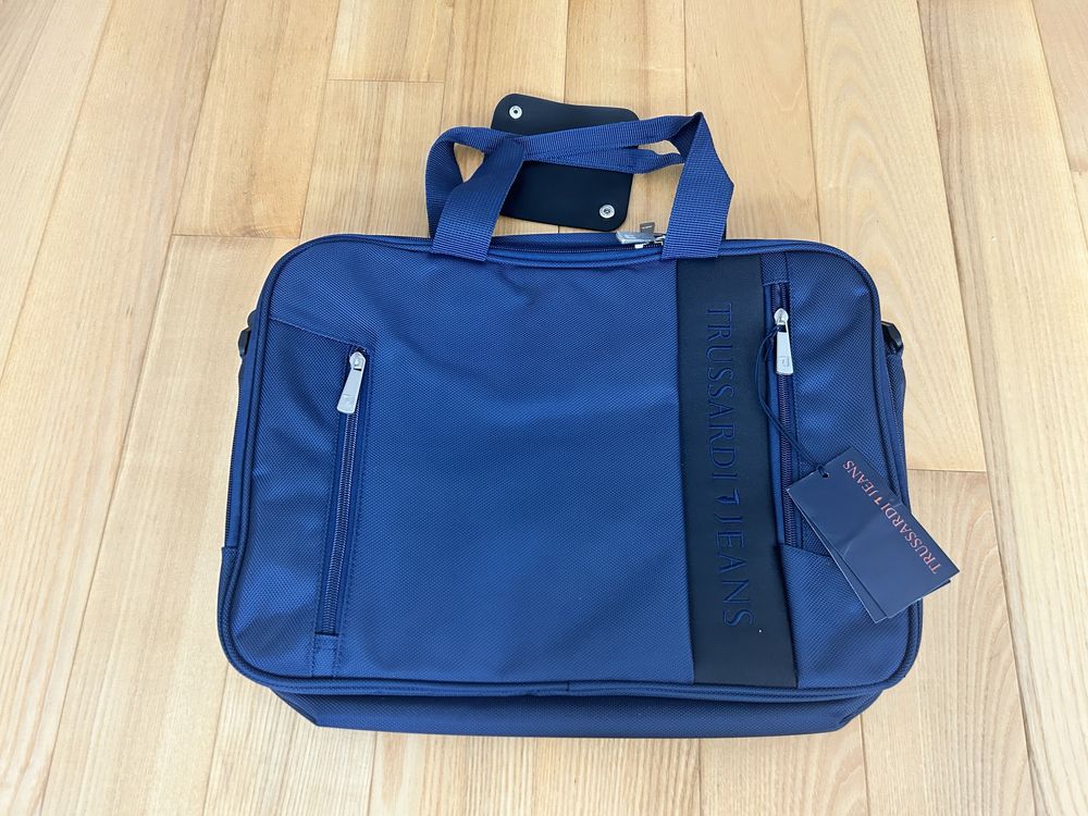 TRUSSARDI JEANS Nowa Torba na laptopa męska, materiał, ciemny granat.