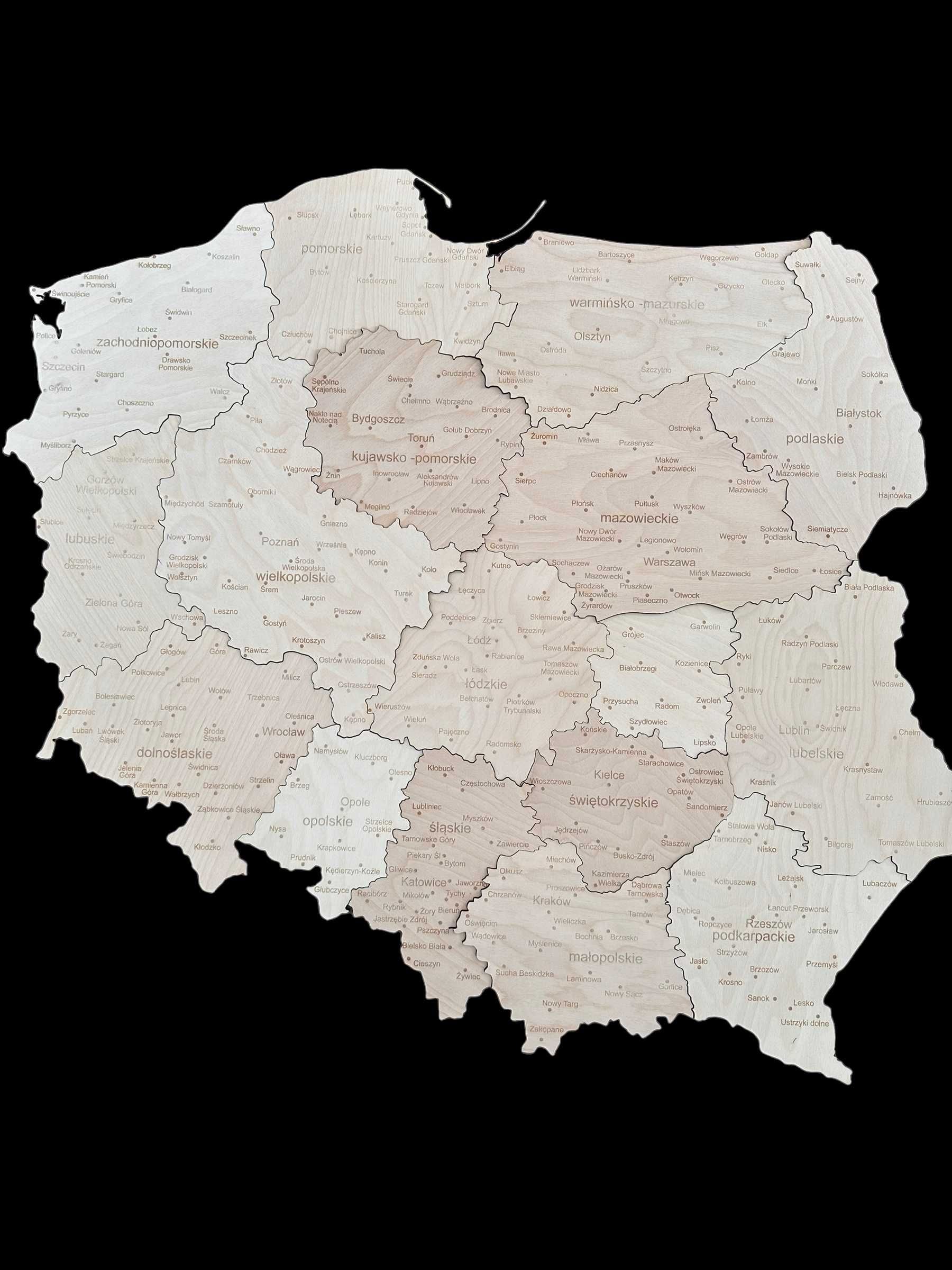 Drewniana nowa mapa Polski naturalna sklejka, województwa 100 cm