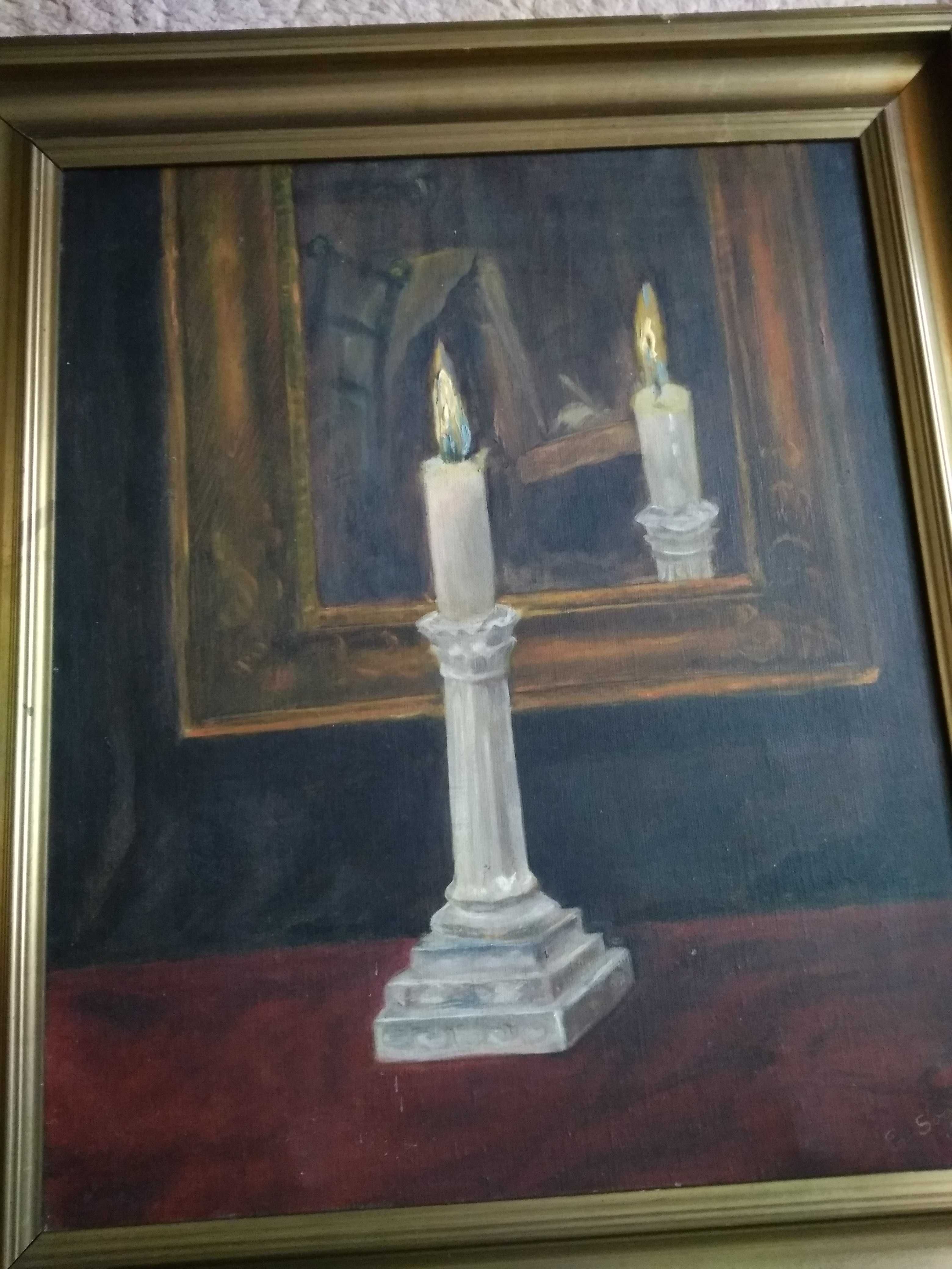 Świecznik i lustro - olejny sygn. obraz z 1930r.
